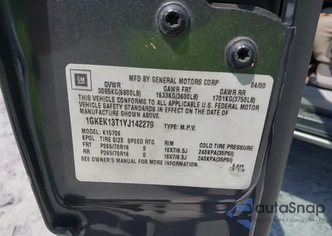 2000 GMC Yukon Slt from USA, damaged, VIN 1GKEK13T1YJ142279